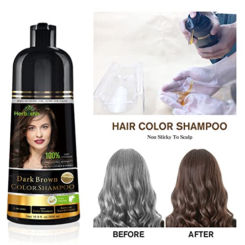 Herbishh Hair Coloration Shampoo - Instantaneous Grey Protection, Lengthy-Lasting Coloration in Minutes - 500 Ml, 3-in-1 Components, Ammonia-Free (Darkish Brown)