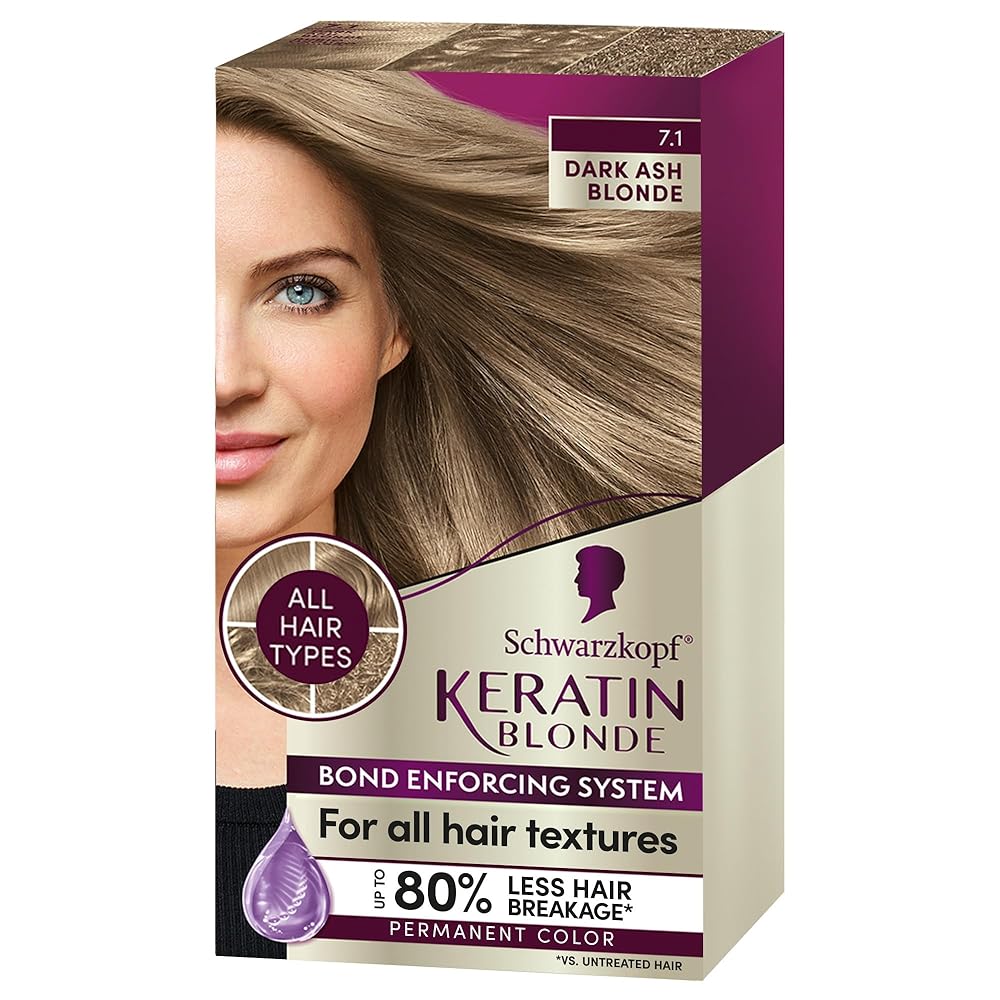 Schwarzkopf Keratin Colour Everlasting Hair Dye, 7.1 Darkish Ash Blonde, One Software – Salon-Impressed System for As much as 80% Lowered Breakage In comparison with Untreated Hair